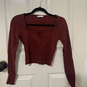 Zara Burgundy Ribbed Cropped Long Sleeve Top | Size M